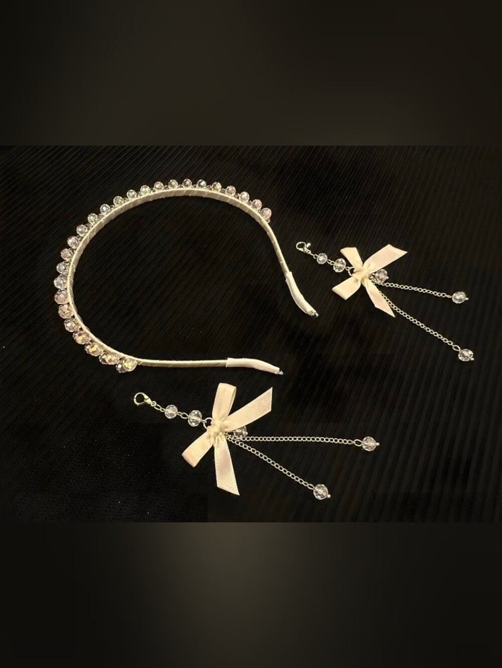 Crystal-Trim Cream Ribbon Headband and Earring Bow Dangle Set
